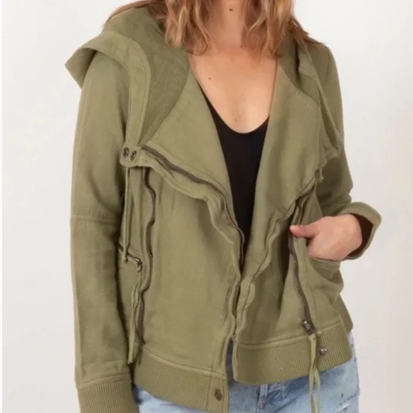 Free People Carmen Cotton Moto Jacket Hooded Green NWT Size Small - Picture 2 of 14